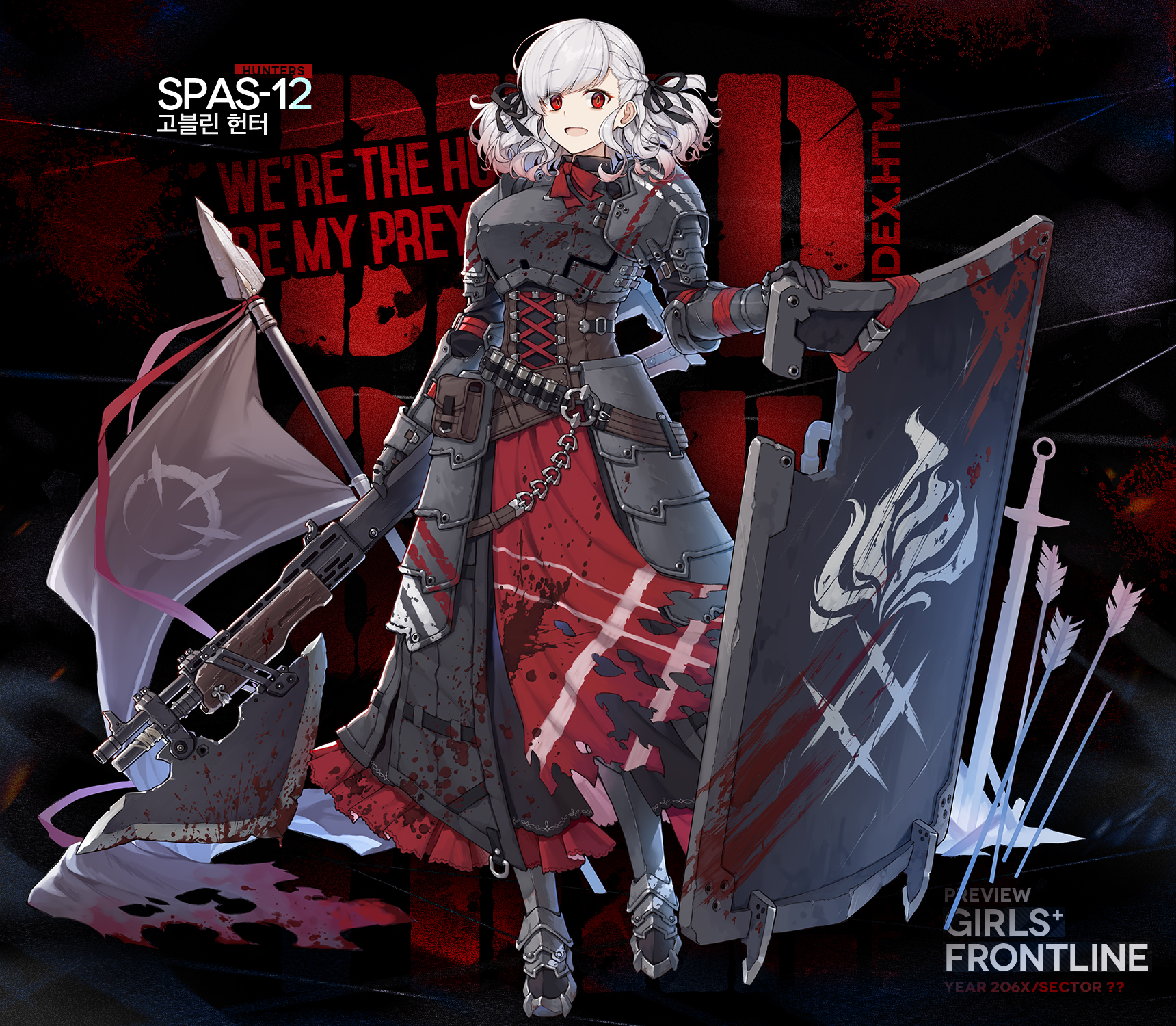 12-gauge 12-gauge_(2_3/4_inch_shell) 1girl ammunition armor armored_dress arrow_(projectile) axe ballistic_shield belt black_background black_ribbon blood blood_drip blood_on_clothes blood_on_face bloody_weapon braid breastplate breasts character_name corset crazy_eyes dress dual-mode_shotgun female_focus flag franchi full_body girls'_frontline gloves gradient_hair greaves grey_hair gun high_brass highres holding holding_gun holding_weapon large_breasts long_hair looking_at_viewer multicolored_hair name_connection official_alternate_costume official_art overpressure_ammunition plate_armor polearm pouch pump-action_shotgun pump_action red_eyes red_hair ribbon semi-automatic_shotgun shield shotgun shotgun_shell sidelocks smile solo spas-12 spas-12_(girls'_frontline) spas-12_(goblin_huntress)_(girls'_frontline) spear sword terras torn_clothes twintails weapon
