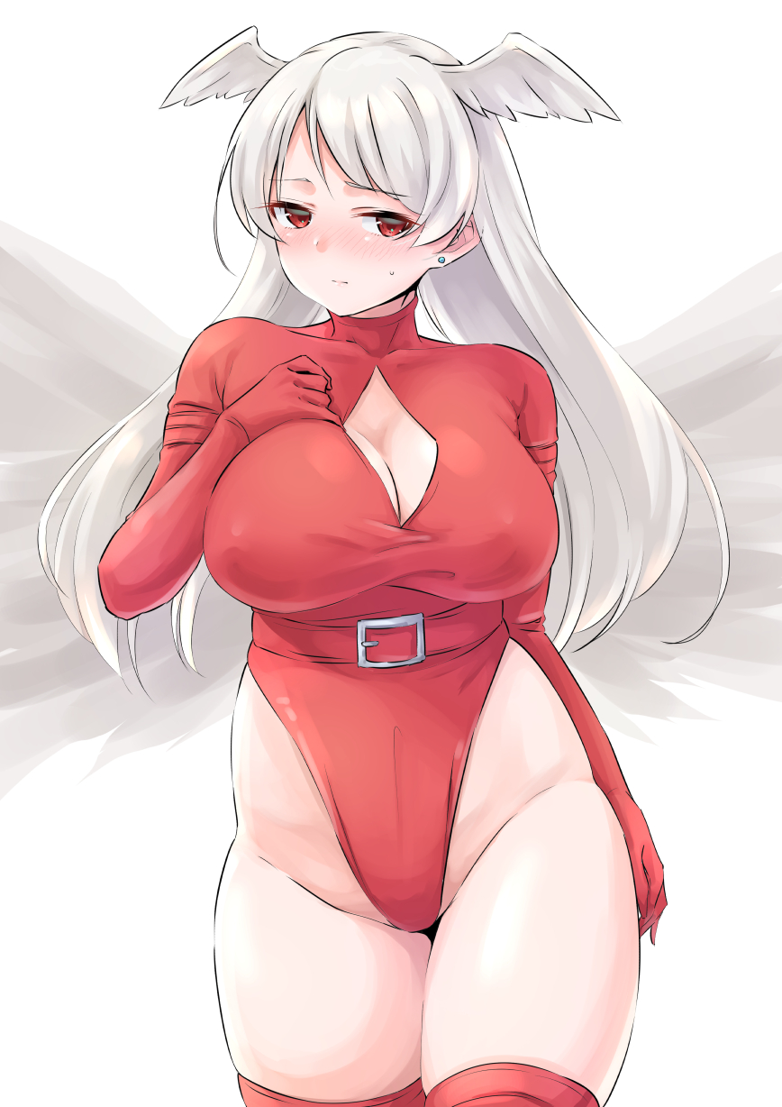 1girl angel_girl belt breasts cleavage final_fantasy final_fantasy_tactics highleg highleg_leotard highres large_breasts leotard red_leotard solo ultima_(fft) white_hair