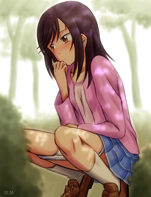 1girl blush bonnie_(rsg) brown_eyes brown_hair ichijou_hotaru non_non_biyori outdoors panties panty_pull peeing solo squatting underwear