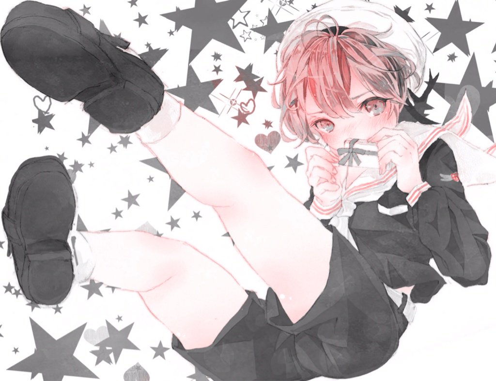 1boy belt black_shoes black_shorts blush bow character_request copyright_request covering_own_mouth full_body grey_eyes grey_hair hat holding long_sleeves multicolored_eyes multicolored_hair pink_eyes pink_hair sailor_collar sailor_hat shoes shorts simple_background socks star_(symbol) two-tone_eyes two-tone_hair unchico_unchi white_sailor_collar white_socks