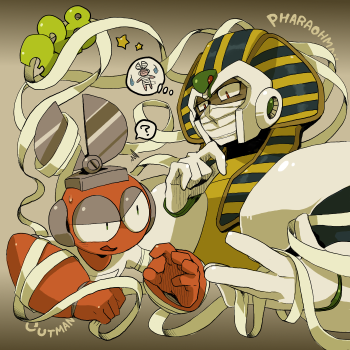 2boys ? bandages commentary_request covered_mouth cut_man dark-skinned_male dark_skin english_text harvest88 male_focus mega_man_(classic) mega_man_(series) mega_man_1 mega_man_4 multiple_boys mummy no_humans pharaoh_man red_eyes robot speech_bubble spoken_question_mark thought_bubble
