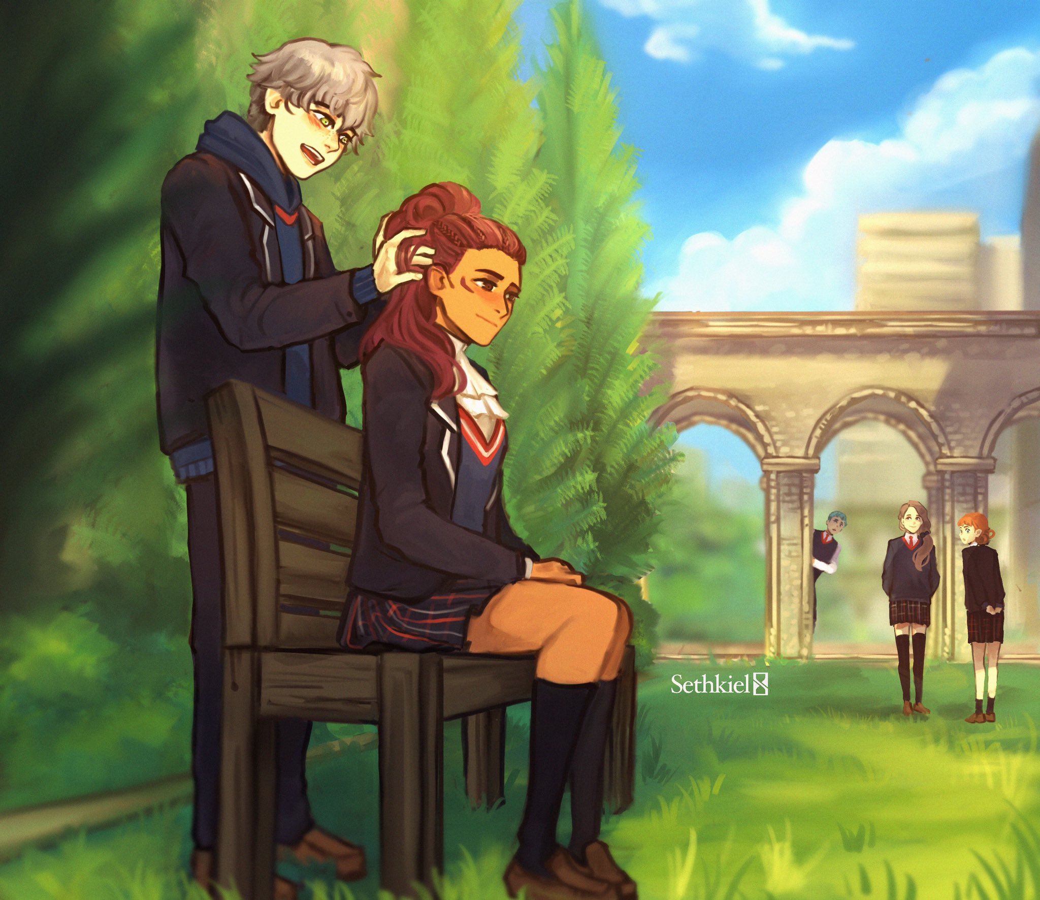 2boys 3girls annette_fantine_dominic ashe_ubert bench black_jacket breasts caspar_von_bergliez contemporary dark-skinned_female dark_skin fire_emblem fire_emblem:_three_houses highres jacket mercedes_von_martritz multiple_boys multiple_girls nintendo on_bench outdoors petra_macneary school_uniform sethkiel sitting smile