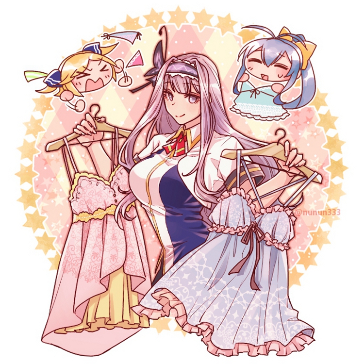 &gt;_&lt; 3girls :d ^_^ afterimage angry antenna_hair blazblue blazblue_remix_heart blonde_hair blue_dress blue_hair blush bow breasts butterfly_hair_ornament chibi chibi_inset closed_eyes clothes_hanger collared_shirt crop_top dress frills genderswap genderswap_(mtf) hair_bow hair_ornament hairband head holding holding_unworn_clothes kajun_faycott large_breasts long_hair looking_at_viewer mai_natsume motion_lines multiple_girls nightgown nunun open_mouth pajamas panties pink_dress ponytail purple_eyes purple_hair red_ribbon ribbon school_uniform shiori_kirihito shirt short_sleeves sleeve_cuffs smile star_(symbol) sweatdrop two_side_up underwear upper_body very_long_hair wing_collar yellow_bow