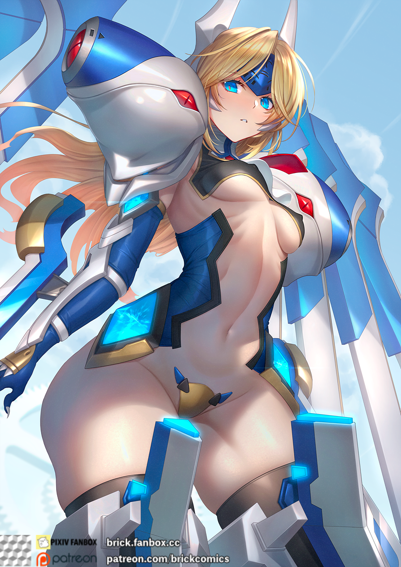 1girl blazblue blonde_hair blue_eyes breasts brick_(atelier_brick) crotch_plate elbow_gloves forehead_protector gloves headgear long_hair looking_at_viewer mecha_musume mu-12 navel revealing_clothes sidelocks skindentation small_breasts solo underboob