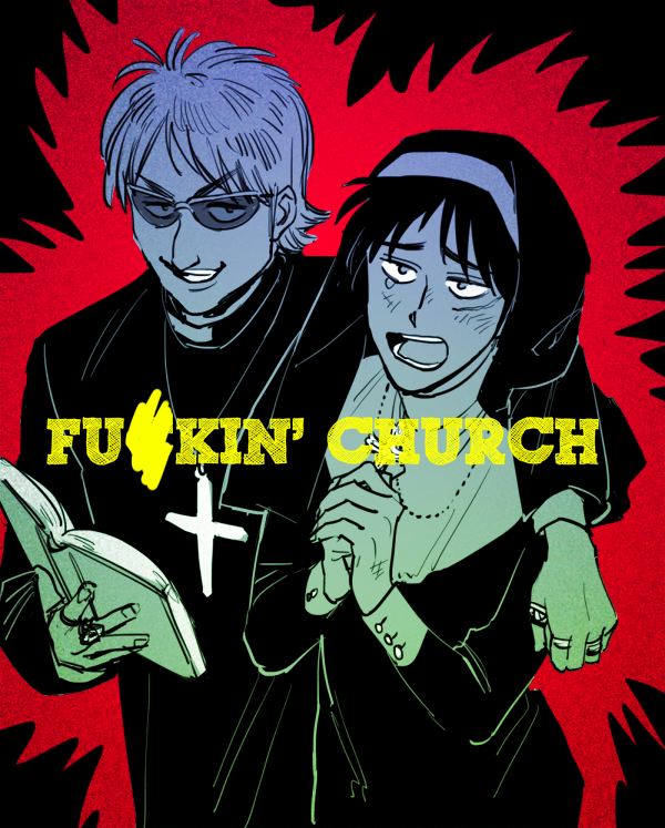 2boys alternate_costume book cassock coif commentary_request cowboy_shot crossdressing crossdressing_(mtf) facial_scar greyscale_with_colored_background grin habit holding holding_book hyoudou_kazuya itou_kaiji kaiji long_sleeves looking_at_viewer male_focus multiple_boys nun open_mouth own_hands_together priest profanity scar scar_on_cheek scar_on_face scratches short_hair smile sunglasses traditional_nun v-shaped_eyebrows wataroux