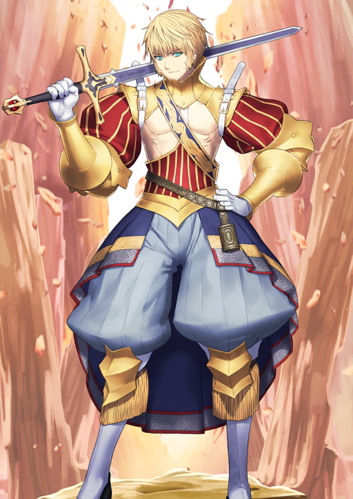 1boy aqua_eyes armor belt belt_buckle blonde_hair blue_pants blue_sash boots bracer buckle closed_mouth detached_sleeves durandal_(fate) fate/grand_order fate_(series) feet_out_of_frame fringe_trim game_cg gloves gold_armor hand_on_own_hip hand_up high_collar holding holding_sword holding_weapon leg_armor legs_apart long_sleeves looking_at_viewer male_focus neck_armor no_shirt official_art over_shoulder pants pectorals puffy_pants puffy_sleeves red_sash red_sleeves roland_(fate) sakamoto_mineji sash short_hair shoulder_belt shoulder_sash sideburns smile solo standing sword third-party_source toned toned_male variant_set waist_cape waist_sash weapon weapon_over_shoulder white_belt white_boots white_gloves