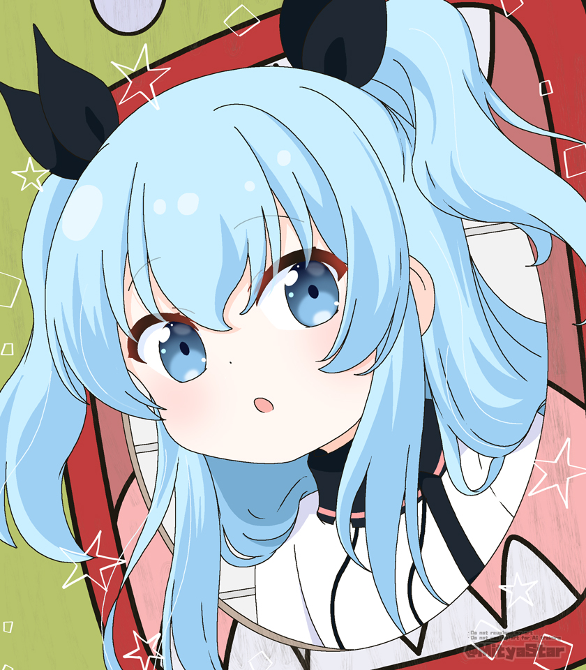 1girl :o black_ribbon blue_eyes blue_hair commentary_request english_text hair_between_eyes hair_ribbon jacket long_hair mitya noel_(sora_no_method) parted_lips photo_stand-in ribbon solo sora_no_method star_(symbol) twitter_username two_side_up watermark white_jacket