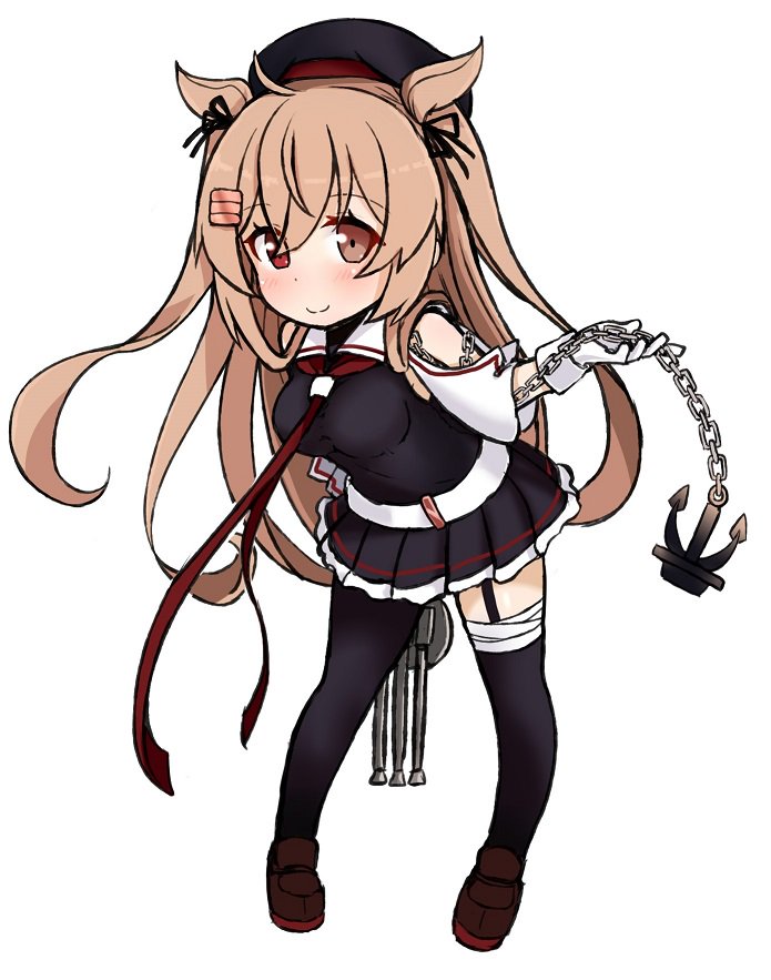 1girl asymmetrical_legwear atsushi_(aaa-bbb) beret black_legwear black_serafuku brown_hair chibi commentary_request detached_sleeves female_focus gloves hair_flaps hat heterochromia kantai_collection leaning_forward long_hair looking_at_viewer machinery murasame_(kancolle) school_uniform serafuku ship_turret simple_background smile solo twintails two_side_up uneven_legwear white_gloves