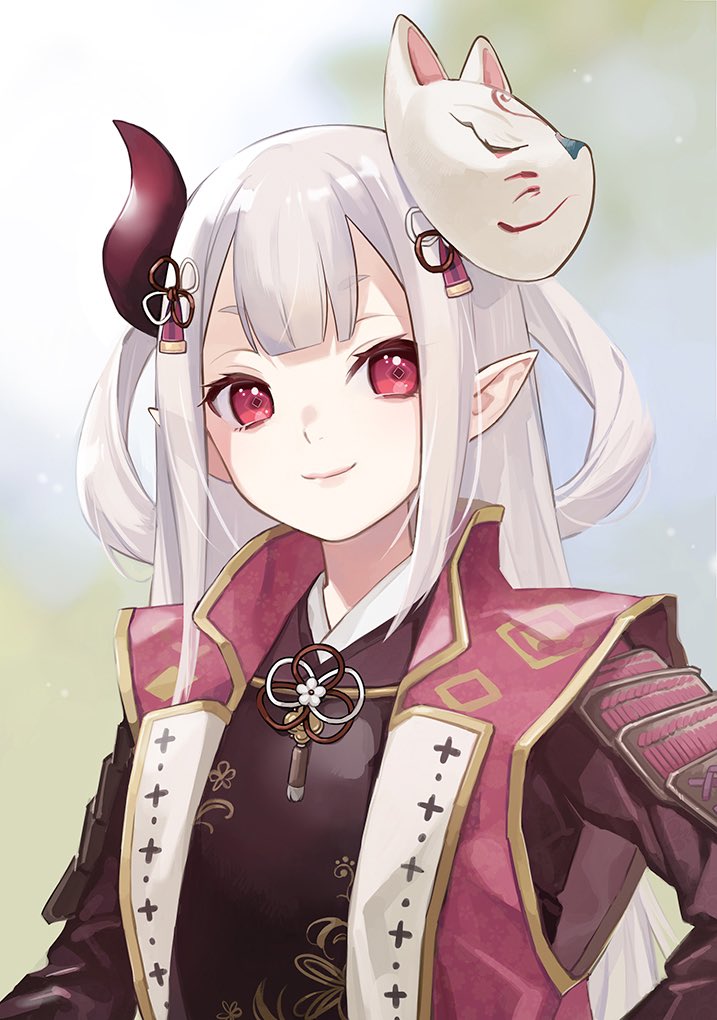 1girl alternate_costume armor blurry blurry_background breastplate commentary_request diamond-shaped_pupils diamond_(shape) double-parted_bangs eyelashes floral_print flower_knot fox_mask gold_trim haori horns japanese_armor japanese_clothes jinbaori long_hair looking_at_viewer mask mask_on_head naraka_(nijisanji) nijisanji pink_eyes pink_haori pointy_ears print_haori purple_horns samurai short_eyebrows shoulder_armor sode solo symbol-shaped_pupils upper_body virtual_youtuber white_hair white_mask yurikorisa