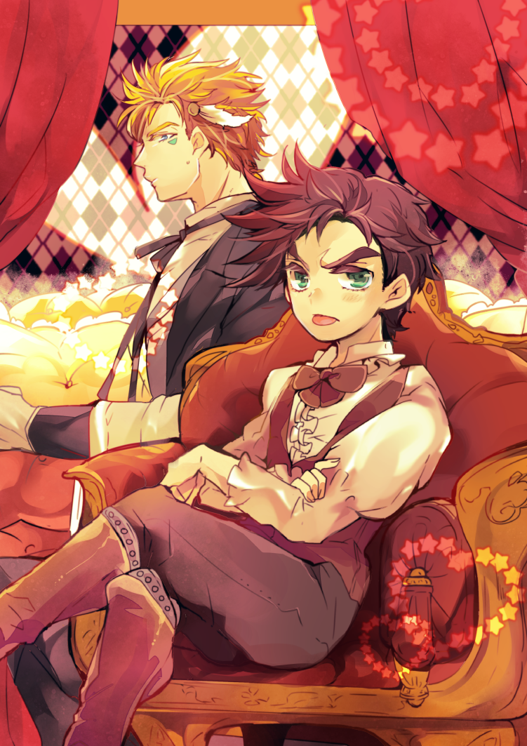 2boys blonde_hair bow bowtie caesar_anthonio_zeppeli chair child curtains facial_mark green_eyes headband heart jojo_no_kimyou_na_bouken joseph_joestar joseph_joestar_(young) multiple_boys purple_hair sadahara_inako star_(symbol) tongue tongue_out aged_down