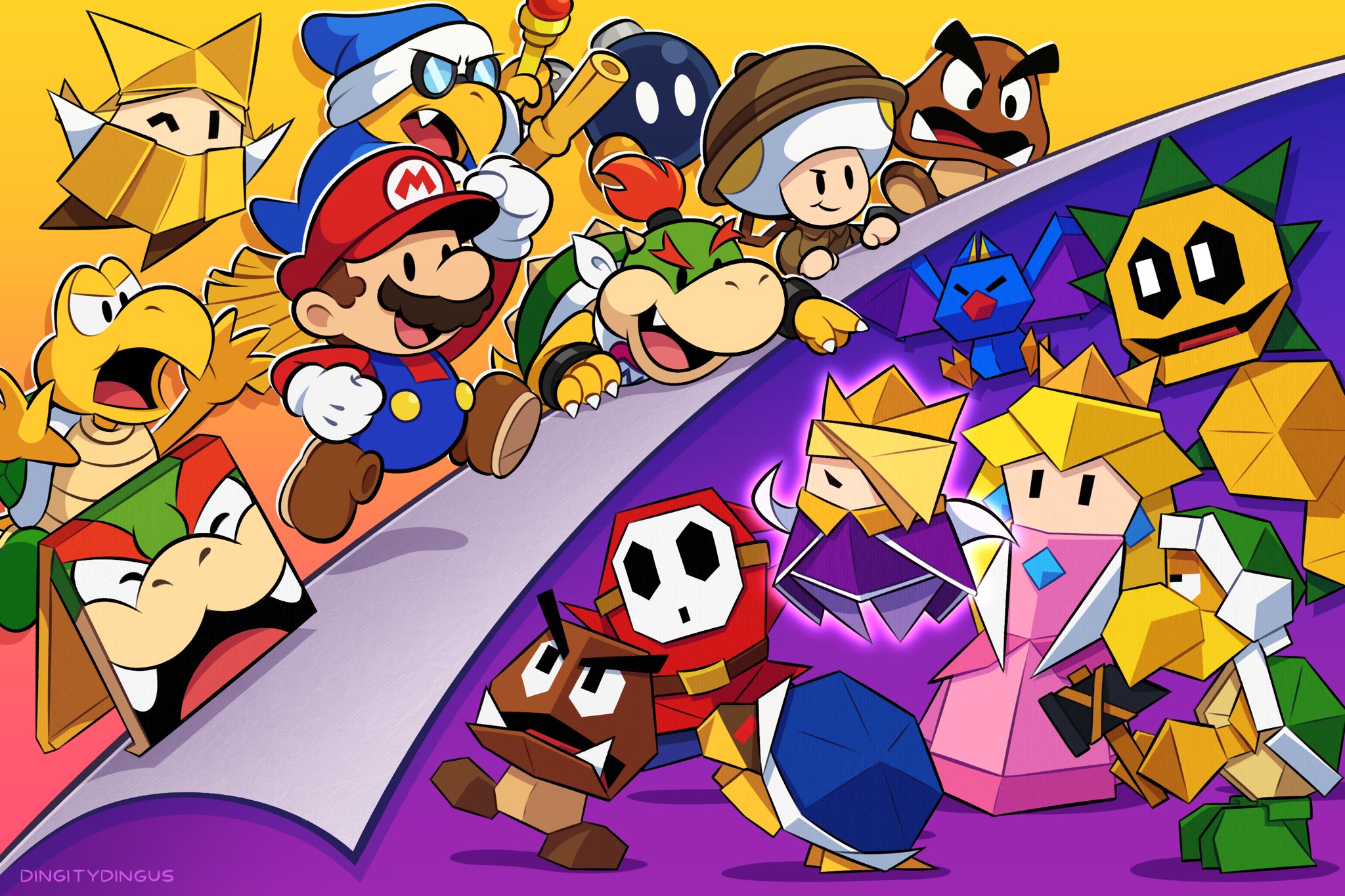 2girls 6+boys :d arm_up artist_name bandana bat_(animal) blue_overalls blue_pants bob-omb bomb bowser bowser_jr. broom broom_riding brown_footwear brown_hair brown_jacket buzzy_beetle claws closed_mouth commentary comparison crown dress earrings english_commentary explosive facial_hair fang fangs fangs_out full_body furrowed_brow glasses gloves goomba gradient_background hair_over_one_eye hammer hammer_bro hat helmet highres holding holding_hammer holding_wand jacket jewelry jumping kamek king_olly koopa_troopa long_hair long_sleeves looking_at_another making-of_available mario mario_(series) mask multiple_boys multiple_girls mushroom mustache nintendo olivia_(paper_mario) one_eye_closed one_eye_covered open_mouth origami overalls pants paper_mario paper_mario:_the_origami_king paper_mario_(character) pink_dress pink_hair pokey_(mario) princess_peach professor_toad_(mario) purple_background red_shirt round_eyewear sharp_teeth shell shirt shoes short_hair shy_guy smile solid_oval_eyes spiked_shell spikes swoop_(mario) teeth toad_(mario) turtle_shell v-shaped_eyebrows vinny_(dingitydingus) wand white_bandana white_gloves yellow_background
