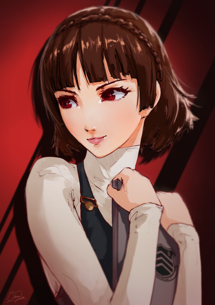 1girl black_vest blunt_bangs braid brown_hair cheesewoo closed_mouth crown_braid holding long_sleeves looking_to_the_side niijima_makoto persona persona_5 pink_lips red_background red_eyes school_uniform shirt short_hair shuujin_academy_school_uniform signature smile solo turtleneck vest white_shirt
