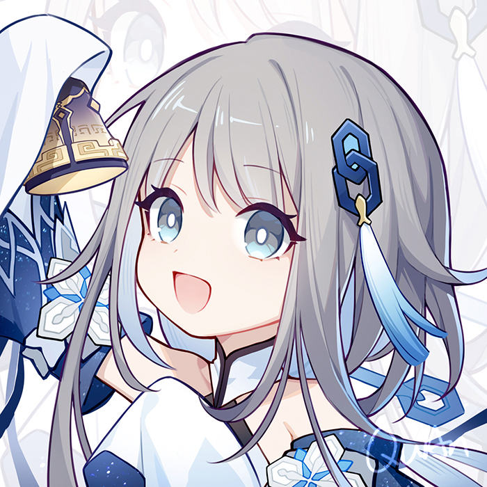 1girl :d arm_up artist_name bell blue_eyes bright_pupils chibi chibi_only detached_sleeves duplicate genshin_impact grey_hair guizhong_(genshin_impact) hair_ornament holding holding_bell long_sleeves open_mouth pixel-perfect_duplicate quan_(kurisu_tina) sleeves_past_fingers sleeves_past_wrists smile solo tassel tassel_hair_ornament upper_body white_pupils zoom_layer