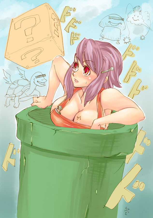 1girl ?_block breast_tattoo breasts cleavage genderswap genderswap_(mtf) goomba hair_ornament hairclip koopa_troopa lakitu large_breasts mario mario_(series) mushroom naked_overalls nintendo overalls purple_hair red_eyes spiny_egg tattoo tsuutenkaaku warp_pipe