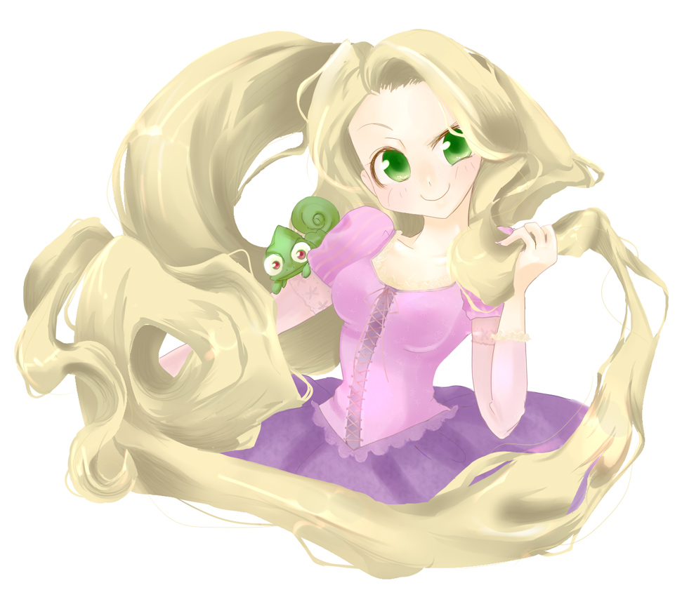 1girl amanako amnk animification blonde_hair blush disney dress female_focus green_eyes long_hair pascal_(tangled) rapunzel_(disney) rapunzel_(fairy_tale) simple_background smile solo tangled very_long_hair white_background