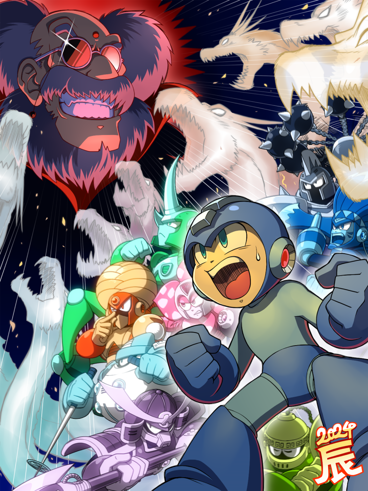 2024 6+boys bald beard blizzard_man blue_eyes centaur_man clenched_hands clenched_teeth closed_eyes commentary_request crossed_arms dated dragon everyone facial_hair flame_man grey_hair helmet holding holding_polearm holding_weapon knight_man male_focus mega_man_(character) mega_man_(classic) mega_man_(series) mega_man_6 mr._x_(mega_man) multiple_boys napo non-humanoid_robot old old_man plant_man polearm robot robot_animal ski_pole smile sunglasses teeth tomahawk_man weapon wind_man wrecking_ball yamato_man