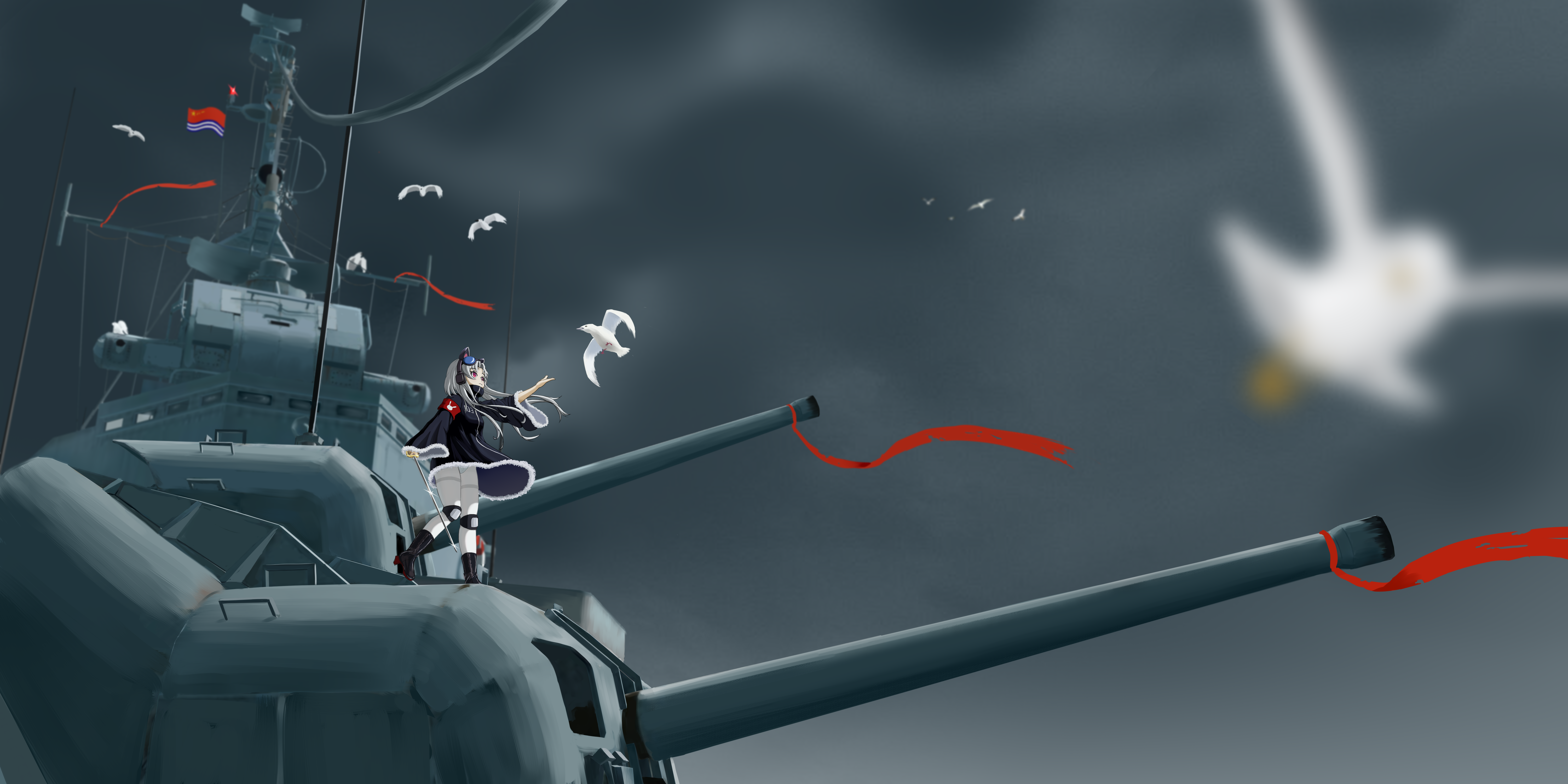 1girl absurdres animal_ears armband azur_lane bird black_boots black_coat boots cannon chang_chun_(azur_lane) chang_chun_(retrofit)_(azur_lane) coat commentary_request destroyer fake_animal_ears flag full_body fur-trimmed_coat fur_trim goggles goggles_on_head headphones highres holding holding_sword holding_weapon knee_pads military_vehicle on_ship panties pantyhose people&#039;s_liberation_army people&#039;s_liberation_army_navy personification red_armband red_eyes red_ribbon ribbon seagull ship short_hair_with_long_locks solo standing standing_on_one_leg sword underwear user_jydv3323 vehicle_and_personification warship watercraft weapon white_hair white_panties white_pantyhose wide_sleeves
