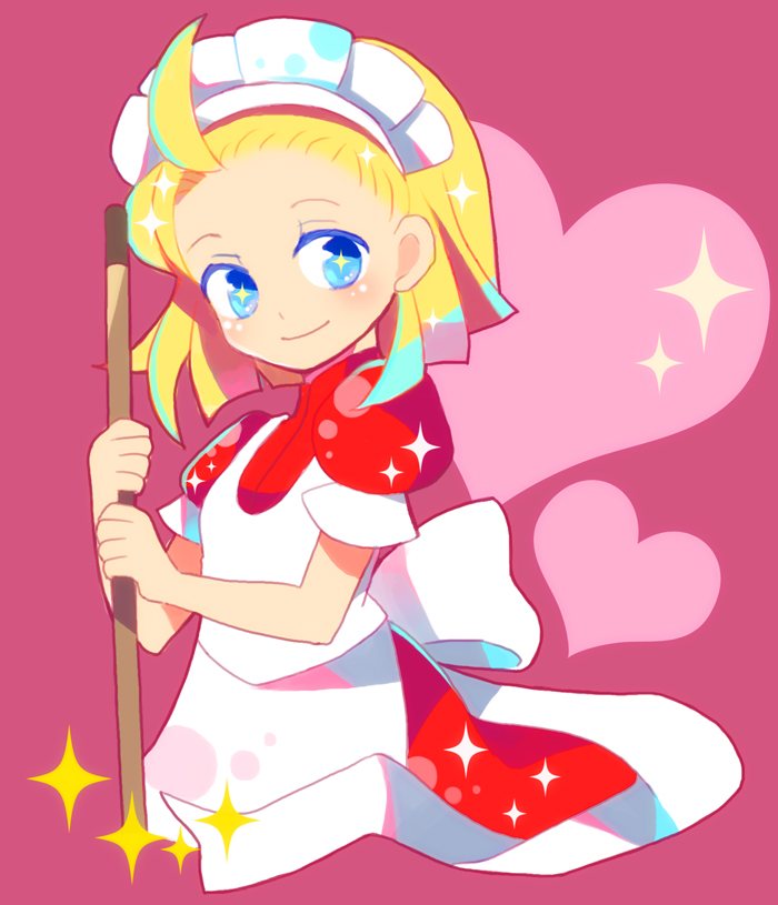 1girl ahoge blonde_hair blue_eyes colored_eyelashes dress female_focus heart hitopm kikimora_(monster_monster) kikimora_(puyopuyo) madou_monogatari maid maid_headdress pink_background puyopuyo short_hair smile solo staff