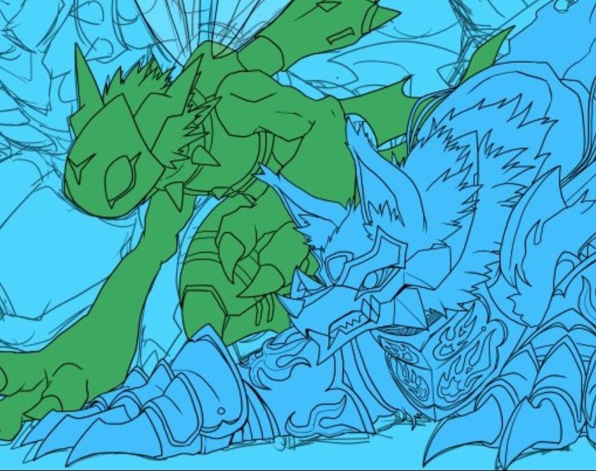 armor digimon digimon_(creature) dinobeemon fenriloogamon fusion paildramon sharp_teeth spikes teeth wolf