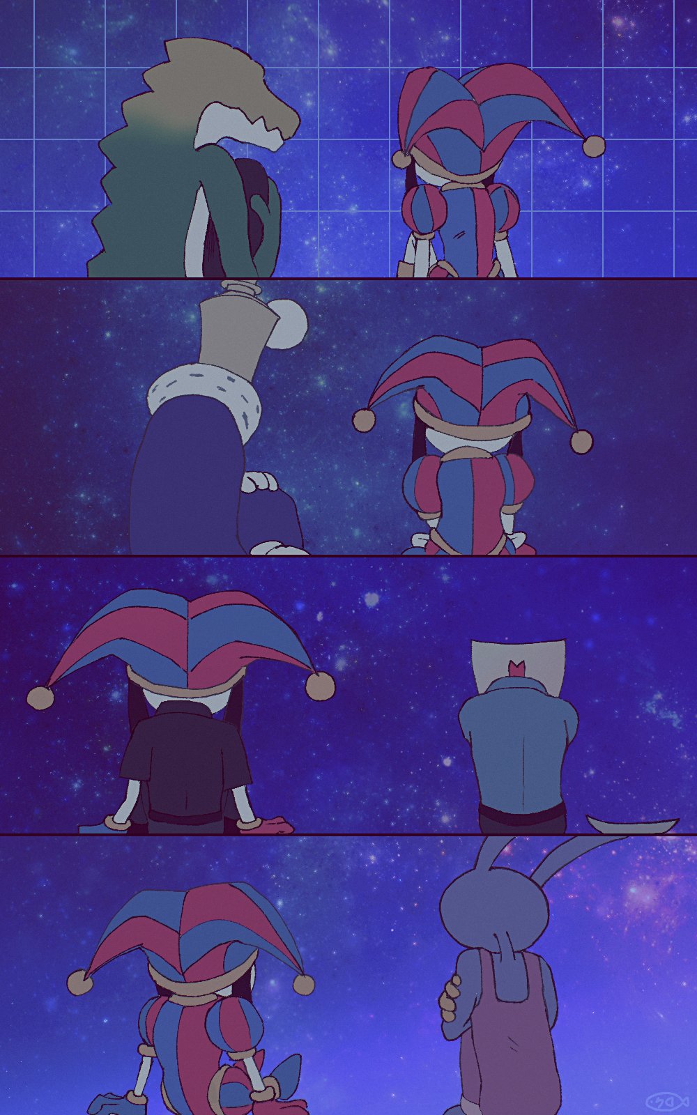 2girls 3boys commentary cowboy_hat crocodile_boy english_commentary from_behind gangle_(the_amazing_digital_circus) grid gummigoo hat highres jax_(the_amazing_digital_circus) jester_cap kinger_(the_amazing_digital_circus) mask multiple_boys multiple_girls night night_sky pomni_(the_amazing_digital_circus) s_k_y_2 sitting sky star_(sky) starry_sky the_amazing_digital_circus