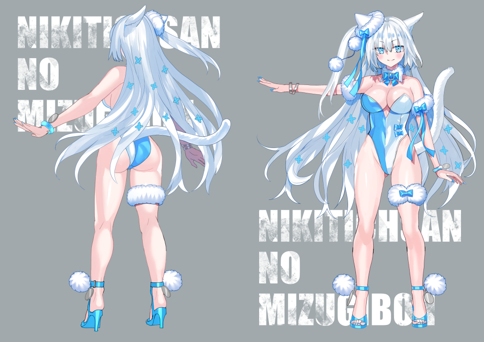 1girl animal_ears ass back bare_shoulders blue_eyes blue_leotard blush bracelet breasts cat_ears cat_girl cat_tail reference_sheet cleavage detached_collar dobrynya_nikitich_(fate) dobrynya_nikitich_(swimsuit_lancer)_(fate) dobrynya_nikitich_(swimsuit_lancer)_(second_ascension)_(fate) fate/grand_order fate_(series) full_body fur_collar hair_ribbon high_heels highleg highleg_leotard jewelry large_breasts leotard long_hair looking_at_viewer multicolored_leotard multiple_views ribbon robina smile tail two-tone_leotard white_hair white_leotard