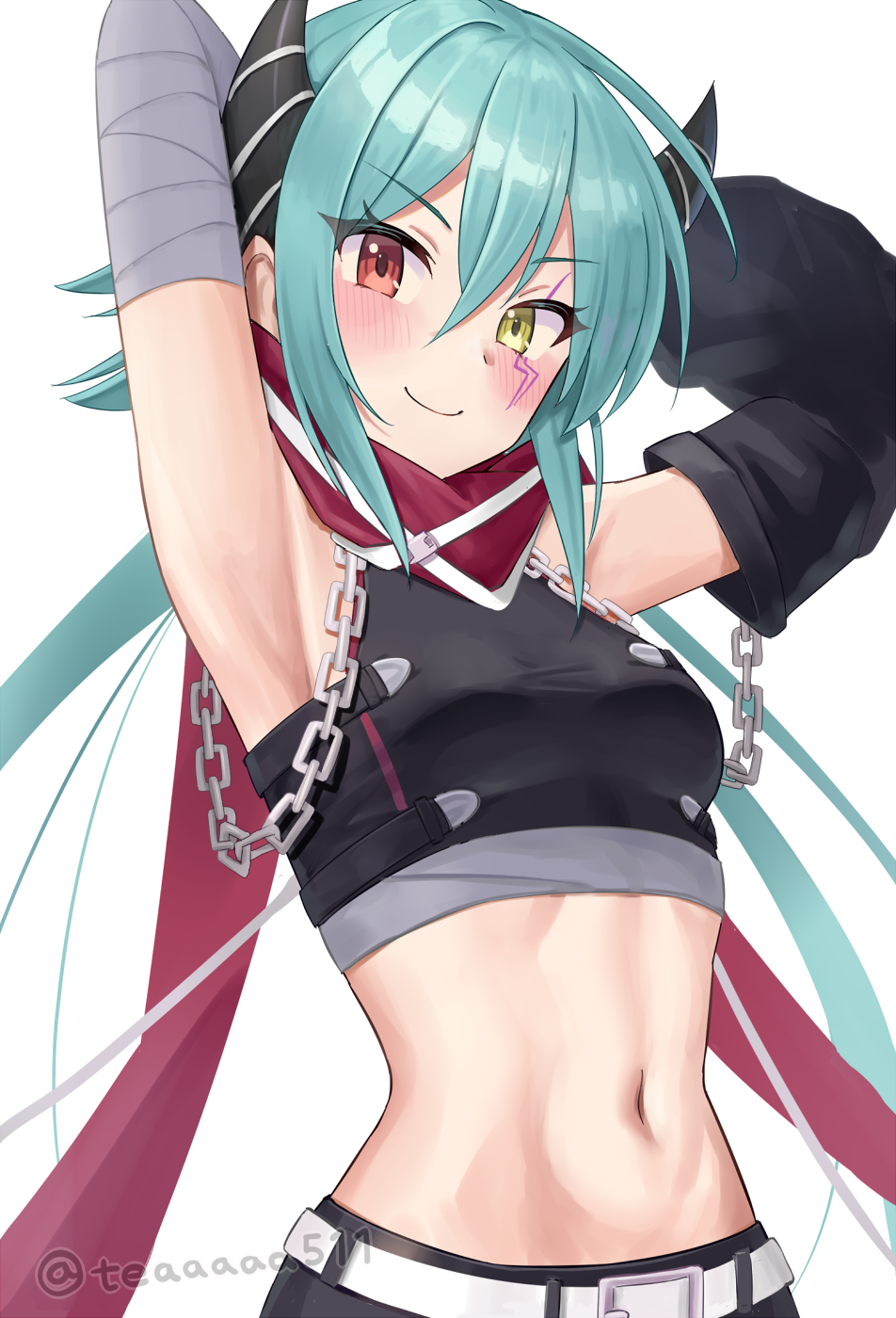 1girl anna_(princess_connect!) armpits arms_up artist_name bandaged_arm bandages belt belt_buckle black_horns black_shirt black_sleeves black_socks blue_hair breasts buckle chain chuunibyou closed_mouth crop_top heterochromia highres horns medium_breasts midriff navel princess_connect! px-tea red_eyes red_scarf scarf shirt sidelocks simple_background smile socks solo white_belt yellow_eyes