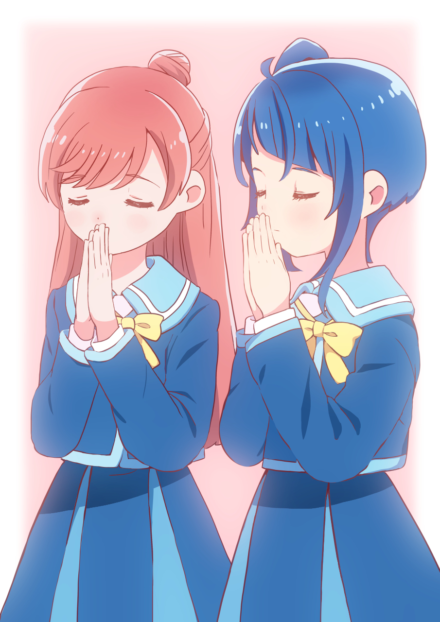 2011_tohoku_earthquake_and_tsunami 2girls blue_hair blue_jacket blue_sky bow bowtie closed_eyes closed_mouth commentary cut_bangs dress_shirt hair_bun highres hirogaru_sky!_precure jacket kyanos_(b_0000ff) long_hair long_sleeves medium_hair miniskirt multiple_girls own_hands_together pink_hair pleated_skirt praying precure school_uniform shirt side-by-side single_hair_bun single_sidelock skirt sky sorashido_academy_school_uniform standing white_shirt yellow_bow yellow_bowtie