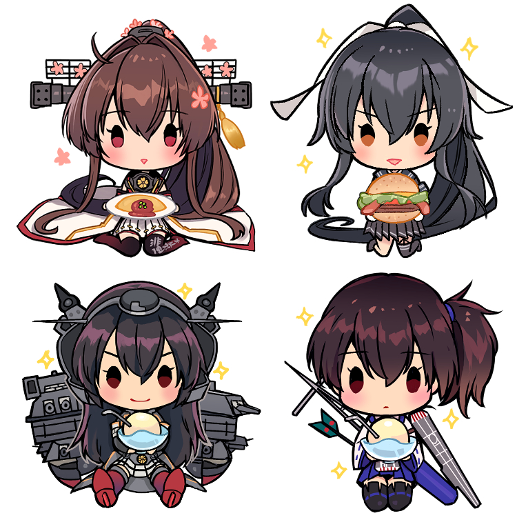 4girls arrow_(projectile) black_hair brown_hair burger chibi closed_mouth commentary_request flower food hair_between_eyes hair_ribbon headgear holding holding_food holding_plate japanese_clothes kaga_(kancolle) kantai_collection kasumi_(skchkko) kneeling long_hair multiple_girls nagato_(kancolle) open_mouth pink_flower plate pleated_skirt quiver ribbon rigging side_ponytail sidelocks sitting skirt smile tassel thighhighs very_long_hair yahagi_(kancolle) yahagi_kai_ni_(kancolle) yamato_(kancolle) yamato_kai_ni_(kancolle)