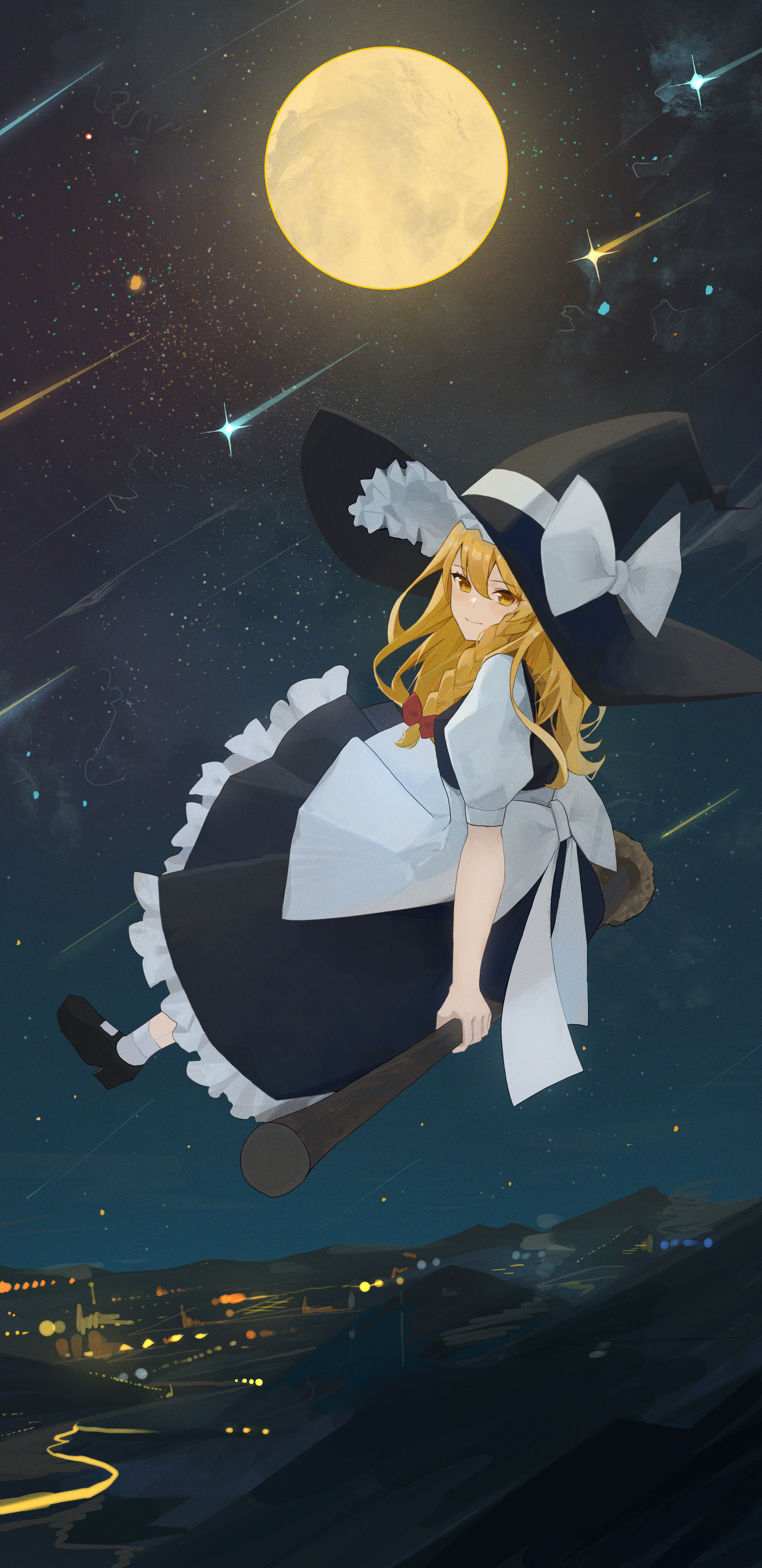 1girl absurdres apron black_hat black_shoes black_skirt black_vest blonde_hair bow braid broom broom_riding falling_star frilled_skirt frills full_moon hair_bow hat hat_bow highres kirisame_marisa long_hair mary_janes moon night night_sky palulap puffy_short_sleeves puffy_sleeves red_bow shirt shoes short_sleeves single_braid skirt sky socks star_(sky) touhou vest waist_apron white_apron white_bow white_shirt white_socks witch_hat yellow_eyes