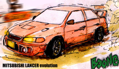 car commentary_request cyanporoco drifting dust_cloud korean_commentary mitsubishi_lancer_evolution motion_blur motor_vehicle no_humans original realistic vehicle_focus