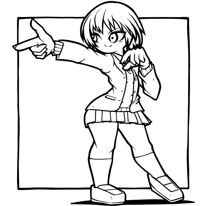 1girl amagami closed_mouth full_body hand_up jacket kibito_high_school_uniform kneehighs lineart long_sleeves miniskirt monochrome name_omoitukan2 nanasaki_ai open_clothes open_jacket outstretched_arm pleated_skirt school_uniform shoes short_hair skirt smile socks solo thick_lineart