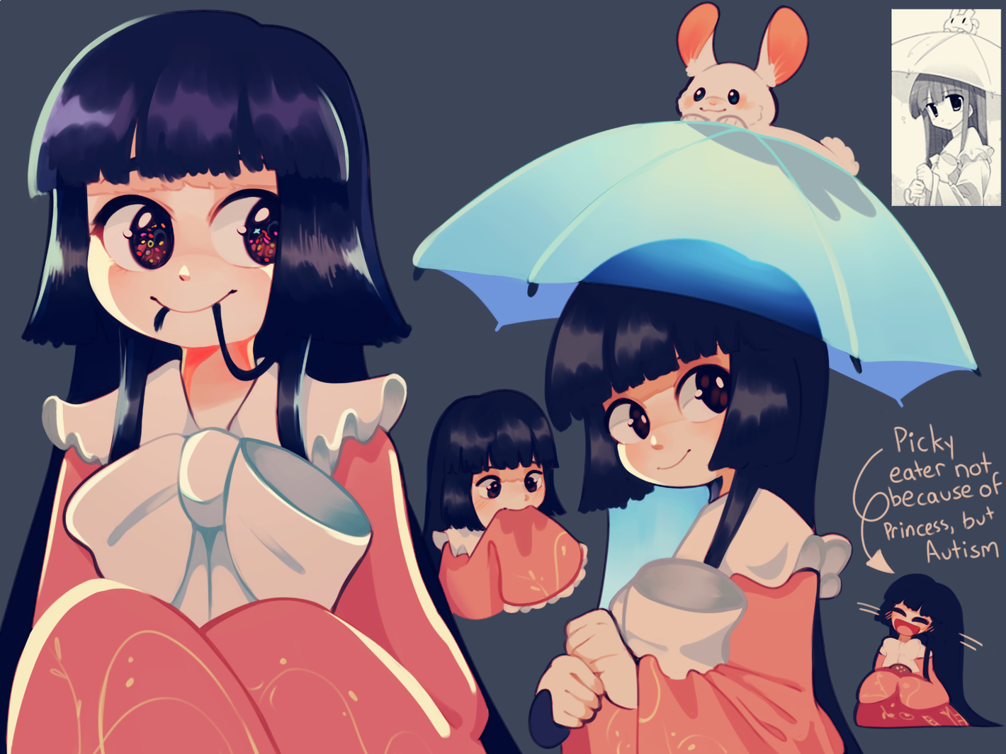 1girl animal arrow_(symbol) black_hair blunt_bangs bow bowtie clem_(calmeremerald) closed_mouth commentary english_commentary english_text frilled_sleeves frills grey_background hair_in_own_mouth hime_cut holding houraisan_kaguya huge_bowtie japanese_clothes long_hair long_sleeves looking_at_viewer multiple_views pink_shirt rabbit red_eyes red_skirt reference_inset shirt simple_background skirt sleeves_past_fingers sleeves_past_wrists smile touhou transparent transparent_umbrella umbrella upper_body white_bow white_bowtie white_fur
