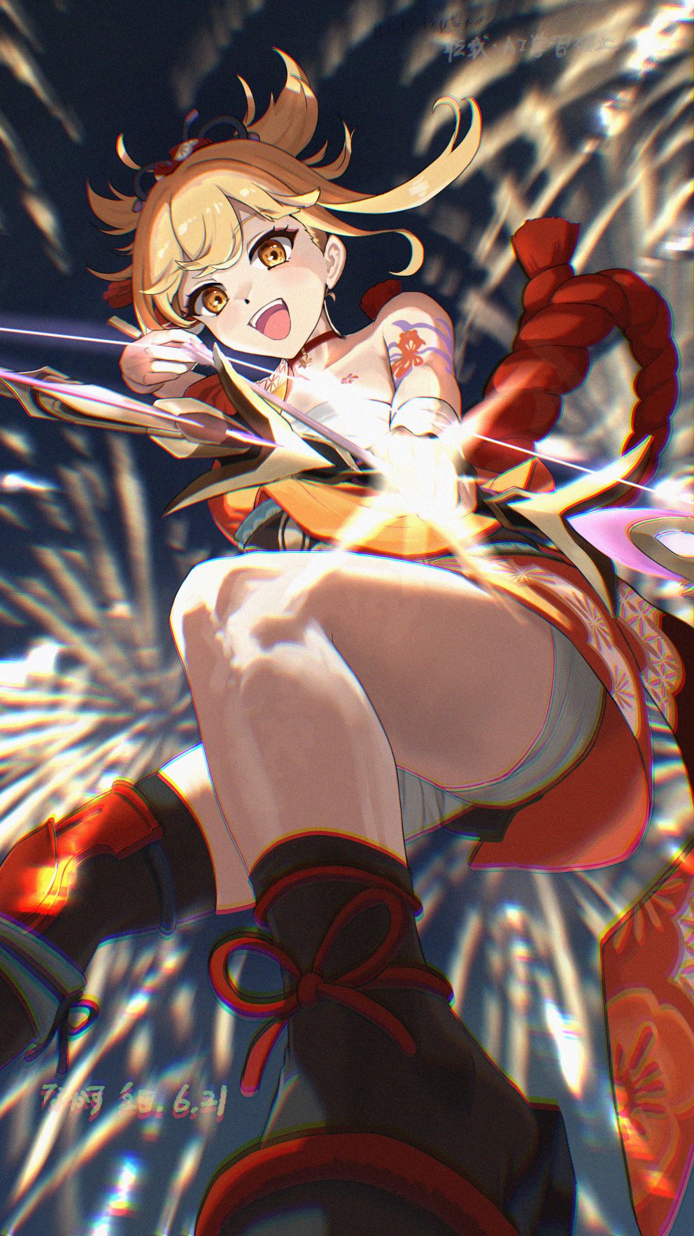 1girl aiming aiming_at_viewer arm_tattoo asymmetrical_legwear bandages blonde_hair bow_(weapon) chest_sarashi chest_tattoo choker feet_out_of_frame fireworks from_below genshin_impact hadanugi_dousa highres japanese_clothes kimono midair night open_kimono open_mouth orange_kimono outdoors ponytail red_rope rope sarashi short_hair single_bare_shoulder smile solo sparkle tattoo teeth tree_bowbow upper_teeth_only weapon yellow_eyes yoimiya_(genshin_impact)