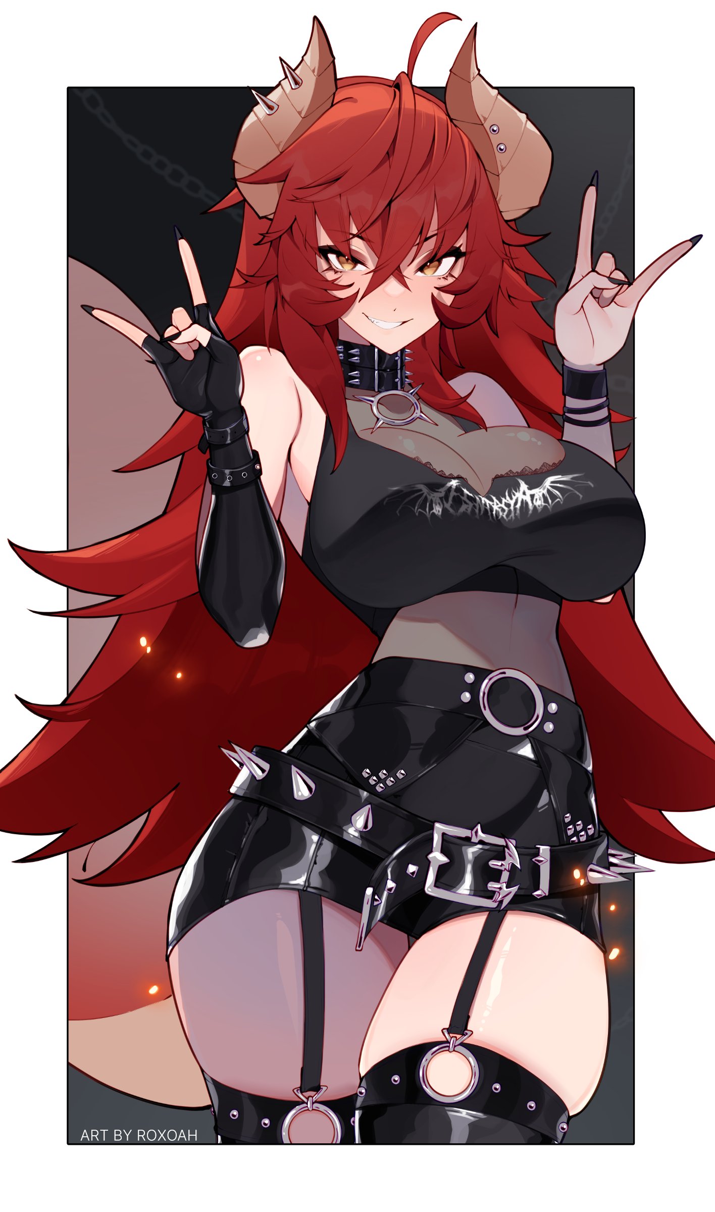1girl absurdres ahoge bare_shoulders black_nails black_thighhighs breasts cleavage collar contrapposto cowboy_shot crop_top curvy dragon_girl fingernails garter_straps grin hair_between_eyes hands_up highres horns horns_pose indie_virtual_youtuber long_fingernails long_hair looking_at_viewer midriff o-ring orange_eyes outside_border pencil_skirt red_hair roxoah see-through_cleavage see-through_clothes skindentation skirt smile solo spiked_belt spiked_collar spikes thigh_gap thighhighs virtual_youtuber vshojo wide_hips zentreya zentreya_(dragon) zentreya_(dragon)_(metalheads) zettai_ryouiki