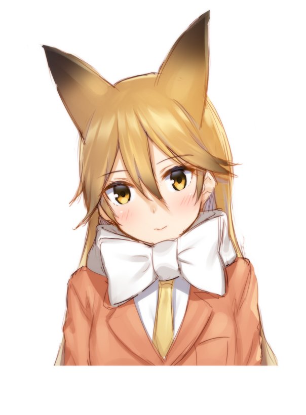 10s 1girl animal_ears blazer blonde_hair blush bow bowtie cat_ears closed_mouth copyright_request ezo_red_fox_(kemono_friends) female_focus fox_ears hair_between_eyes head_tilt jacket kemono_friends kita_kitsune long_hair looking_at_viewer mikazuchi_zeus necktie orange_jacket simple_background smile solo straight_hair upper_body white_background white_bow white_bowtie yellow_eyes yellow_necktie