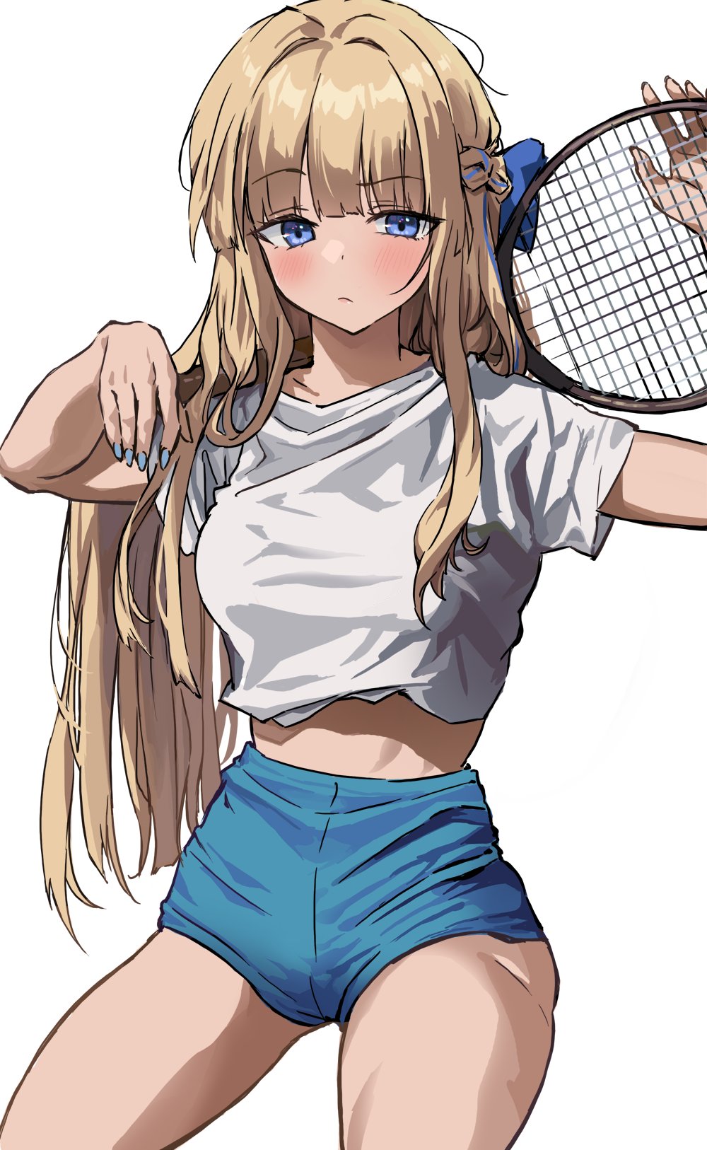 blonde_hair blue_archive blue_bow blue_eyes blue_hair blue_nails blue_shorts blush bow breasts closed_mouth commentary_request cowboy_shot hair_bow hair_intakes highres long_hair medium_breasts midriff multicolored_hair nail_polish racket raised_eyebrow saya_(mychristian2) shirt shorts simple_background streaked_hair t-shirt tennis_racket toki_(blue_archive) white_background white_shirt