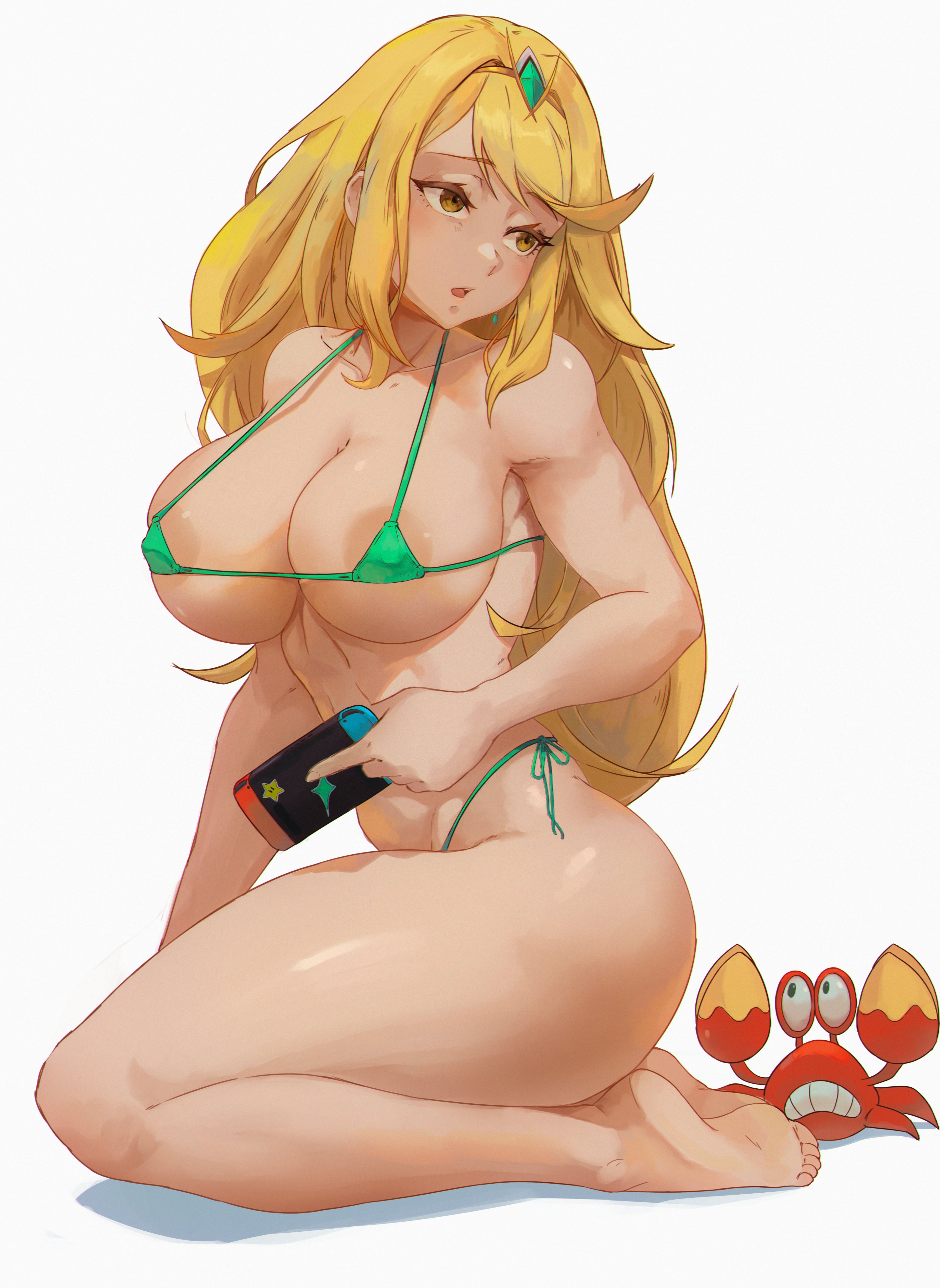 1girl absurdres alterlesott areola_slip barefoot bikini blonde_hair breasts covered_erect_nipples feet highres large_areolae large_breasts legs long_hair looking_to_the_side mythra_(xenoblade) nintendo_switch sitting soles solo super_star_(mario) swimsuit thick_thighs thighs toes xenoblade_chronicles_(series) xenoblade_chronicles_2 yellow_eyes