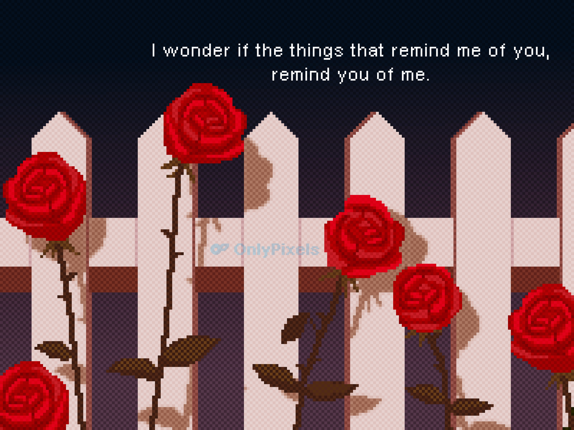 close-up english_text fence flower gradient_background highres no_humans onlypixeeels original picket_fence pixel_art red_flower red_rose rose scenery thorns too_many_flowers white_fence wooden_fence