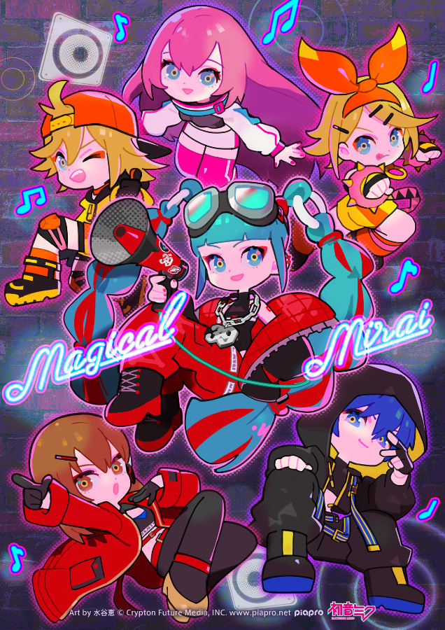2boys 39 4girls :&gt; :d :o :q ;d aqua_eyes aqua_hair arm_tattoo artist_name backwards_hat black_hoodie black_jacket black_pants black_shirt black_shoes blonde_hair blue_hair blunt_bangs bow_hairband brown_hair chain chain_necklace clenched_hand closed_mouth commentary_request copyright_name copyright_notice cropped_hoodie detached_hair full_body goggles goggles_on_head hair_between_eyes hair_ornament hairband hairclip hat hatsune_miku holding holding_megaphone hood hood_up hoodie jacket jewelry kagamine_len kagamine_rin kaito_(vocaloid) lace-up logo long_hair long_sleeves looking_at_viewer magical_mirai_(vocaloid) magical_mirai_kaito magical_mirai_kaito_(2023) magical_mirai_len magical_mirai_len_(2023) magical_mirai_luka magical_mirai_luka_(2023) magical_mirai_meiko magical_mirai_meiko_(2023) magical_mirai_miku magical_mirai_miku_(2023) magical_mirai_rin magical_mirai_rin_(2023) megaphone megurine_luka meiko_(vocaloid) mizutani_megumi multicolored_hair multiple_boys multiple_girls musical_note necklace official_art one_eye_closed open_clothes open_jacket open_mouth orange_hat pants pink_hair pink_nails puffy_long_sleeves puffy_sleeves red_hair red_jacket red_pants second-party_source shirt shoes short_hair sleeveless sleeveless_shirt smile speaker tattoo teeth tongue tongue_out twintails two-tone_hair upper_teeth_only very_long_hair vocaloid yellow_shoes