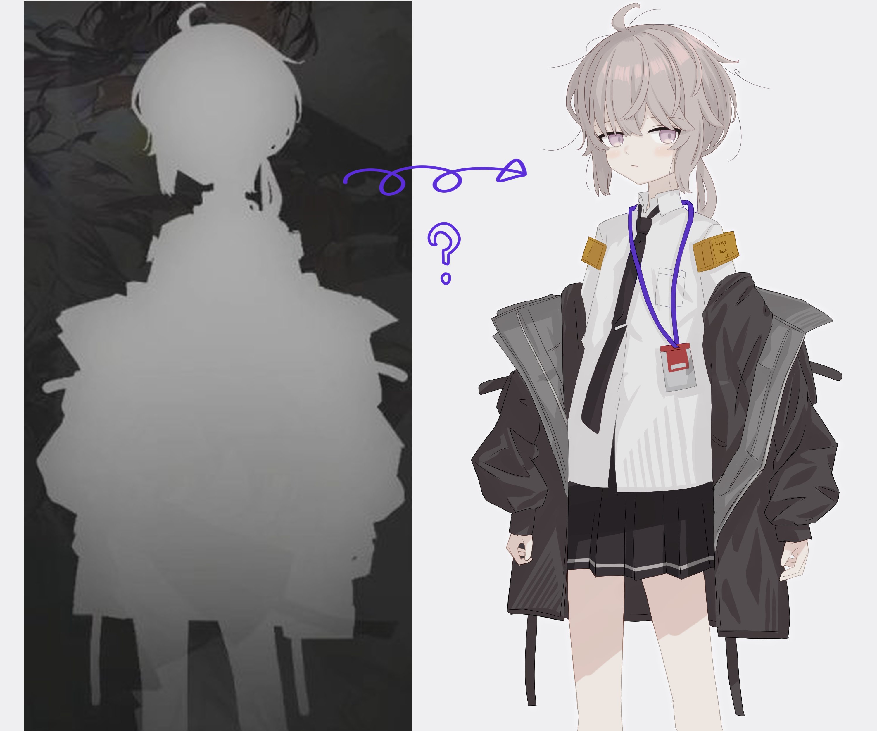 1girl absurdres ahoge armband black_necktie black_skirt blush brown_jacket collared_shirt commentary_request cowboy_shot design_speculation dress_shirt girls'_frontline girls'_frontline_2:_exilium grey_hair hair_between_eyes highres id_card ilea_blanche jacket lanyard long_hair looking_at_viewer low_ponytail m200_(girls'_frontline) miniskirt necktie off_shoulder official_art_inset open_clothes open_jacket pleated_skirt ponytail pout purple_eyes shirt sidelocks simple_background skirt solo standing white_background white_shirt yellow_armband