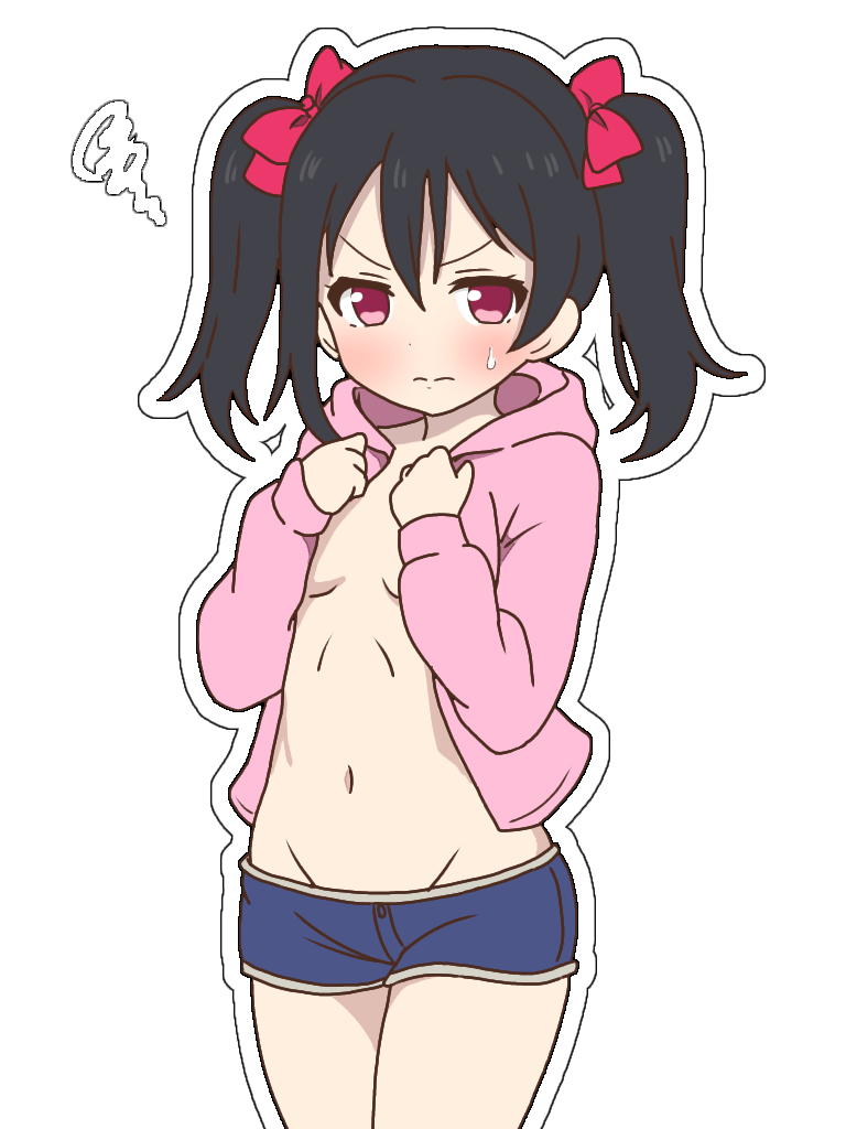 1girl annoyed black_hair blush bow breasts closed_mouth denim denim_shorts double-parted_bangs embarrassed furrowed_brow hair_between_eyes hair_bow hands_up jacket love_live! love_live!_school_idol_project medium_hair mukiryoku_bato navel open_clothes open_jacket outline pink_jacket red_bow red_eyes short_shorts shorts simple_background small_breasts solo squiggle stomach sweatdrop twintails v-shaped_eyebrows white_background white_outline yazawa_nico
