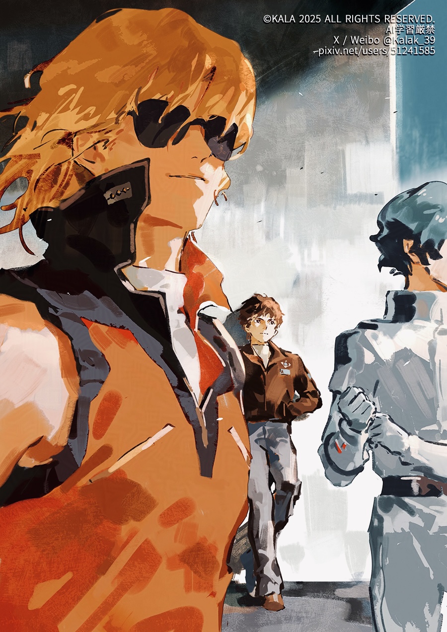 2025 3boys amuro_ray blonde_hair bodysuit brown_hair brown_jacket brown_shoes closed_mouth commentary copyright_notice green_hair grey_pants gundam hand_in_pocket high_collar highres jacket kalak_39 kamille_bidan long_sleeves male_focus mecha_pilot_suit multiple_boys normal_suit_(gundam) pants pixiv_id quattro_bajeena red_jacket shoes short_hair sleeveless sleeveless_jacket smile spacesuit standing sunglasses symbol-only_commentary twitter_username upper_body weibo_username white_bodysuit zeta_gundam