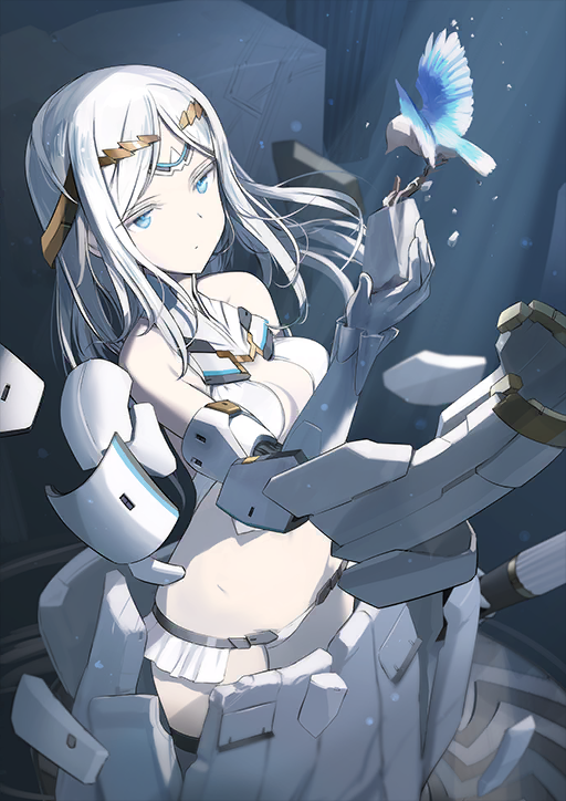 1girl armor armored_boots armored_gloves bare_shoulders bikini_armor blue_eyes boots breasts circlet cleavage_cutout closed_mouth clothing_cutout colored_eyelashes cowboy_shot crop_top detached_sleeves dot_mouth expressionless fate/grand_order fate_(series) floating_armor galatea_(fate) game_cg gloves halterneck hand_up holding light_particles light_rays long_hair long_sidelocks long_sleeves looking_to_the_side loose_pants lowleg lowleg_panties medium_breasts official_art pale_skin panties pants parted_bangs sculpture shimada_fumikane shirt sidelocks solo thighhighs third-party_source turtleneck underwear white_armor white_eyelashes white_gloves white_hair white_pants white_shirt