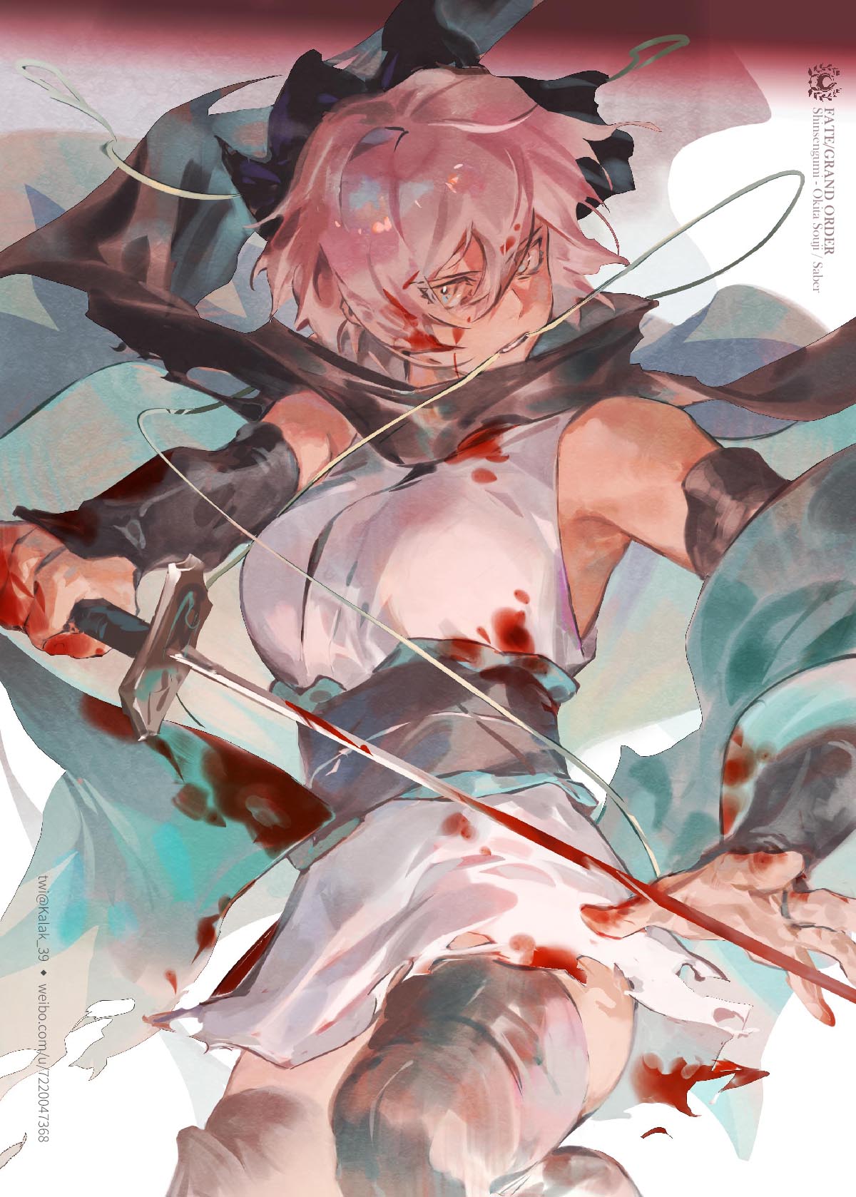 1girl arm_guards bare_shoulders black_bow blood blood_on_face bow breasts character_name commentary_request copyright_name cowboy_shot fate/grand_order fate_(series) hair_between_eyes hair_bow haori highres holding holding_sword holding_weapon japanese_clothes kalak_39 katana kimono koha-ace looking_at_viewer mouth_hold obi okita_souji_(fate) okita_souji_(koha-ace) pink_hair ribbon sash shinsengumi short_hair short_kimono skirt sleeveless sleeveless_kimono solo sword thighhighs weapon yellow_eyes