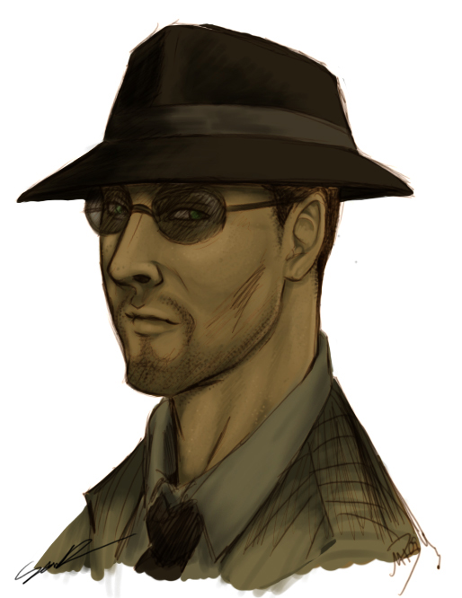 ayleid chocolate-chibi fallout fallout_3 hat male_focus mr_burke necktie solo sunglasses