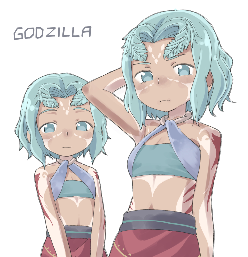 2girls andoryu1432 antennae dark-skinned_female dark_skin godzilla:_city_on_the_edge_of_battle godzilla_(series) green_eyes houtua maina miana monster_girl multicolored_hair multiple_girls polygon_pictures siblings sisters tattoo toho tribal tribal_tattoo twins two-tone_hair white_hair
