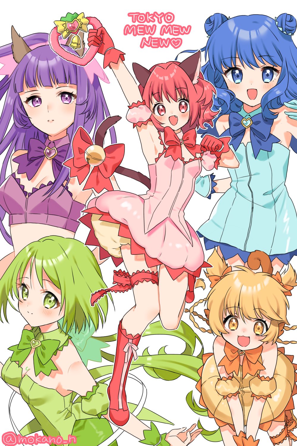 5girls aizawa_mint animal_ears aqua_dress aqua_gloves armpits arms_up bare_shoulders blonde_hair blue_bow blue_eyes blue_hair blush boots bow breasts cat_ears cat_girl cat_tail cleavage closed_mouth collarbone double_bun dress fong_pudding fujiwara_zakuro gloves green_bow green_eyes green_hair hair_bun heart highres holding holding_weapon long_hair looking_at_viewer medium_breasts mew_ichigo mew_lettuce mew_mint mew_pudding mew_zakuro midorikawa_lettuce mokano_n momomiya_ichigo multiple_girls open_mouth pink_bow pink_dress pink_eyes pink_hair purple_bow purple_eyes purple_hair short_hair simple_background smile strapless strapless_dress strawbell_bell tail thigh_strap tokyo_mew_mew tokyo_mew_mew_new twintails v weapon white_background wolf_ears wolf_girl yellow_bow yellow_eyes