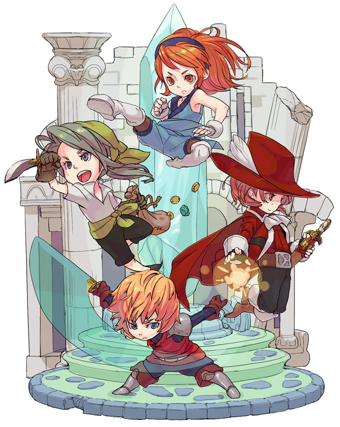 1990s_(style) 1girl 3boys arc_(ff3) armor cape chibi final_fantasy final_fantasy_iii flying_kick gem hat ingus kicking luneth mitarashi mitarashi_(ino_niban_chaya) monk_(final_fantasy) multiple_boys red_mage_(final_fantasy) refia retro_artstyle square_enix sword thief_(final_fantasy) warrior warrior_(final_fantasy) weapon