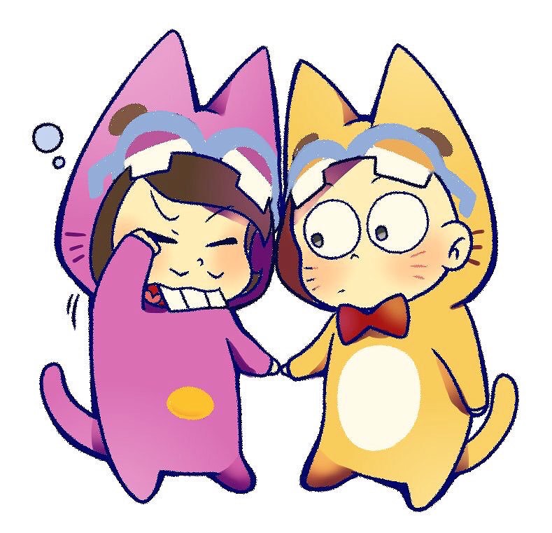 2boys animal_costume bald bow bowtie buck_teeth chibi chibita cosplay esper_nyanko esper_nyanko_(cosplay) facial_hair facial_mark heart heart_in_mouth iyami looking_at_another male_focus multiple_boys mustache osomatsu-san osomatsu_(series) rubbing_eyes sleepy squeans teeth tsubuta_hiro whisker_markings
