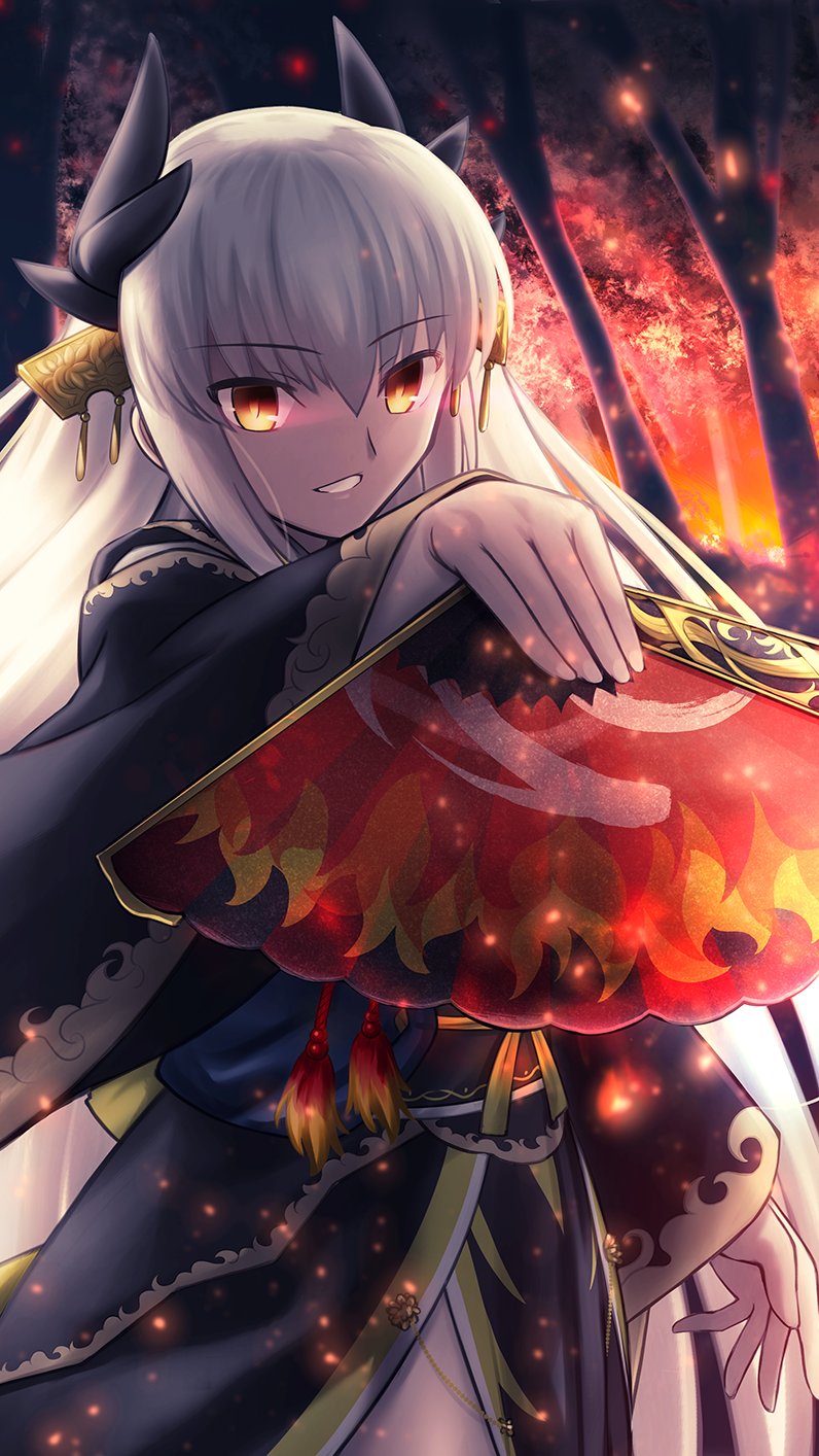 1girl cowboy_shot embers fate/grand_order fate_(series) grey_hair hair_between_eyes hand_fan highres horns kiyohime_(fate) kiyohime_(third_ascension)_(fate) long_hair looking_at_viewer paper_fan shoori_(migiha) smile solo wide_sleeves